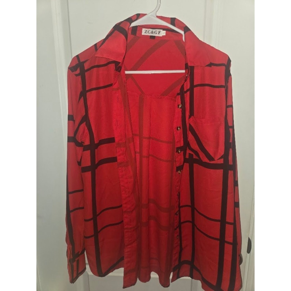 ZC&GF Red Black Grid Plaid Button Up Shirt Long Sleeve Blouse XL
